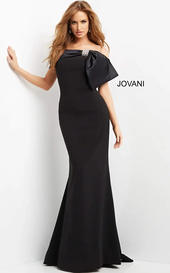 Jovani 07014 Black Fitted Off the Shoulder Evening Dress